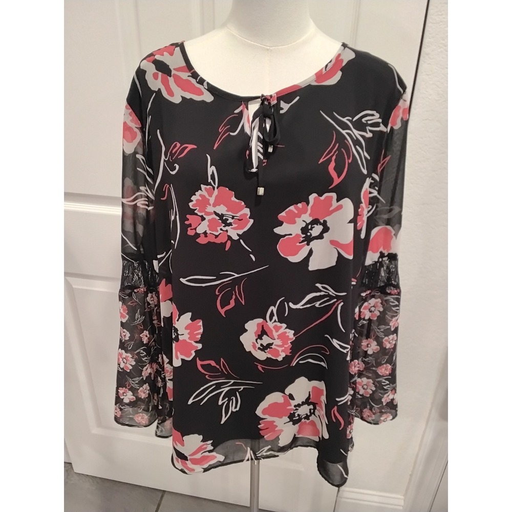 Calvin Klein Womens Floral Chiffon Blouse Black Pink Lace Bell Sleeve Top